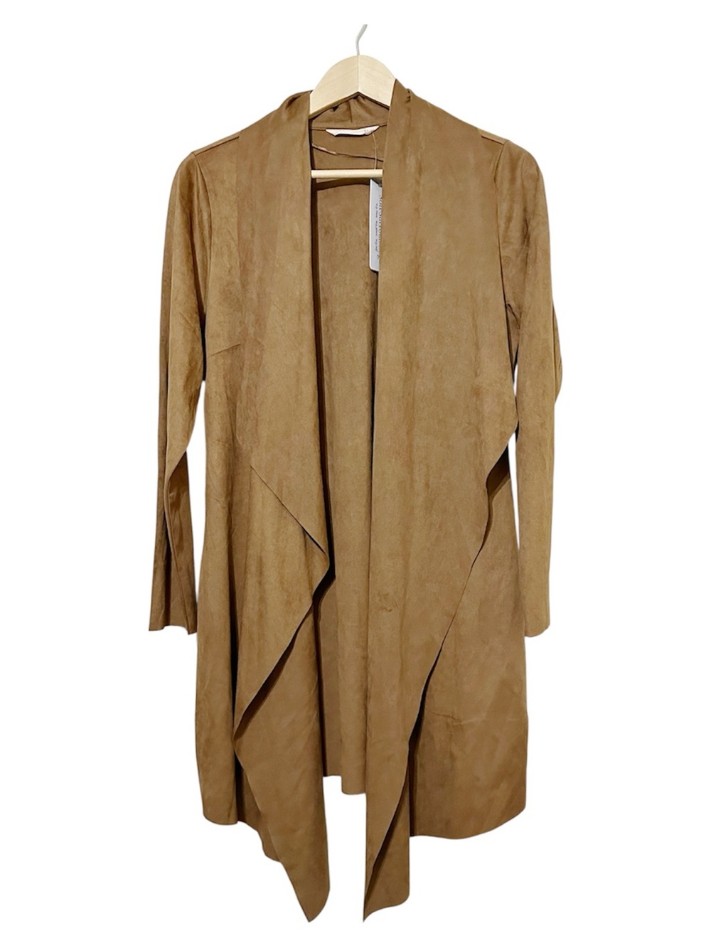 Soft Surroundings Faux Suede Drape Open Front Jacket Cardigan Camel Medium NWT - Picture 2 of 5